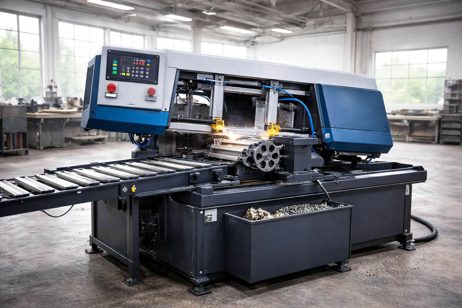 Félautomata és automata fémipari szalagfűrészek ipari környezetben