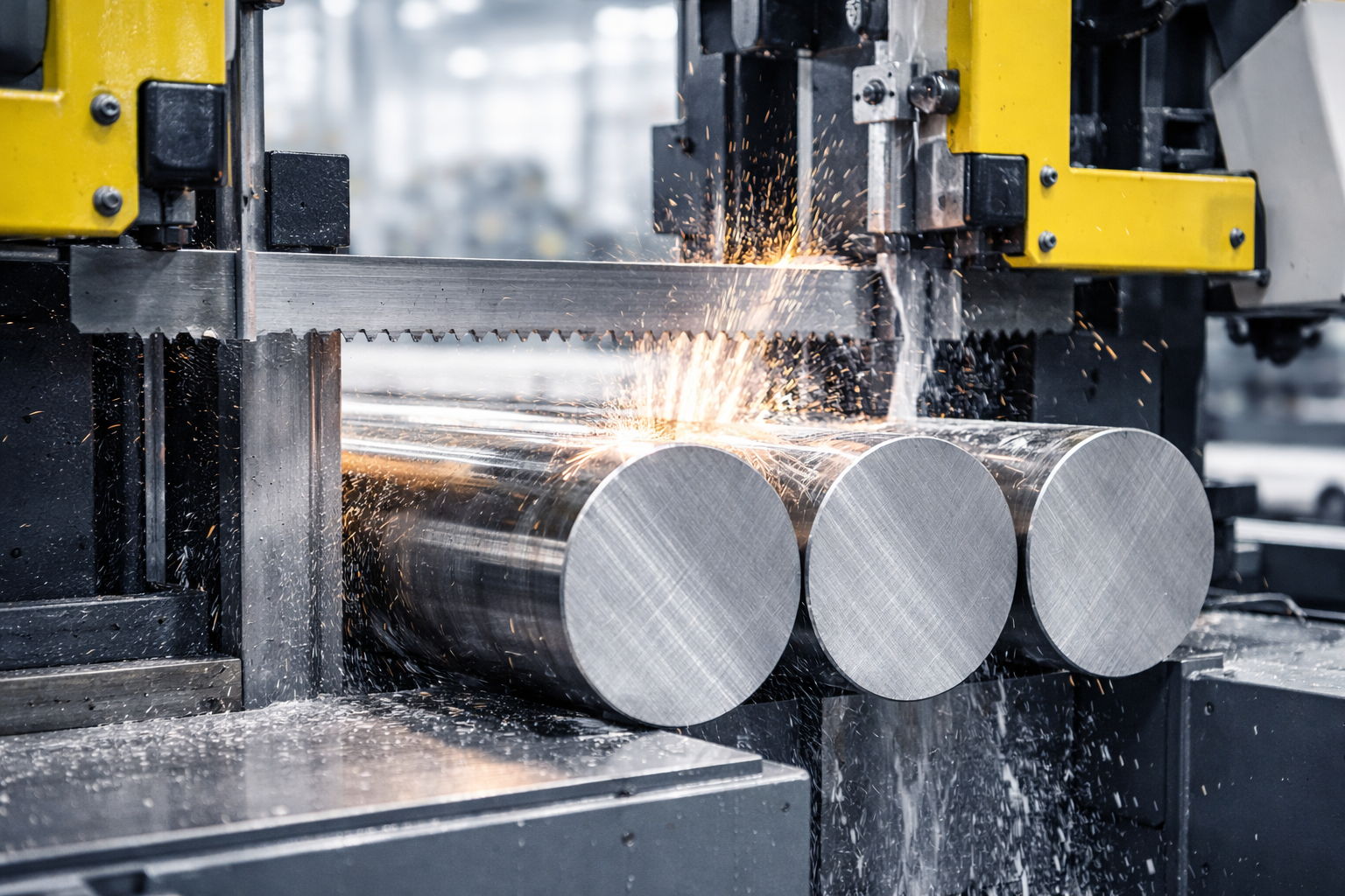 Fémipari szalagfűrész működése acél darabolás közben