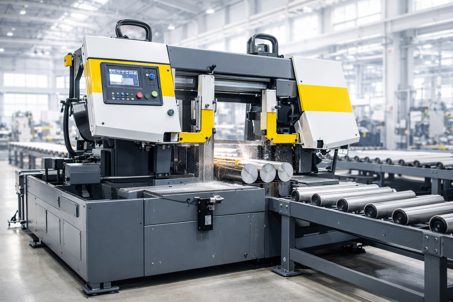 Automata ipari fémszalagfűrész nagyüzemi környezetben