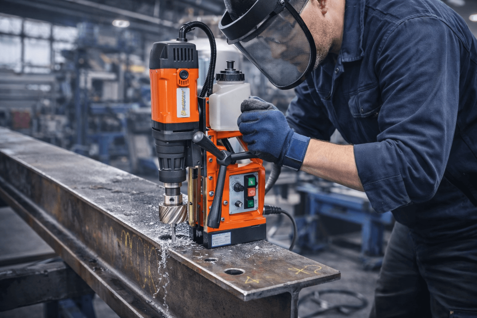 Fémipari mágnestalpas fúrógép használat közben (furatok készítése fém gerenda - I gerenda - alapanyagba