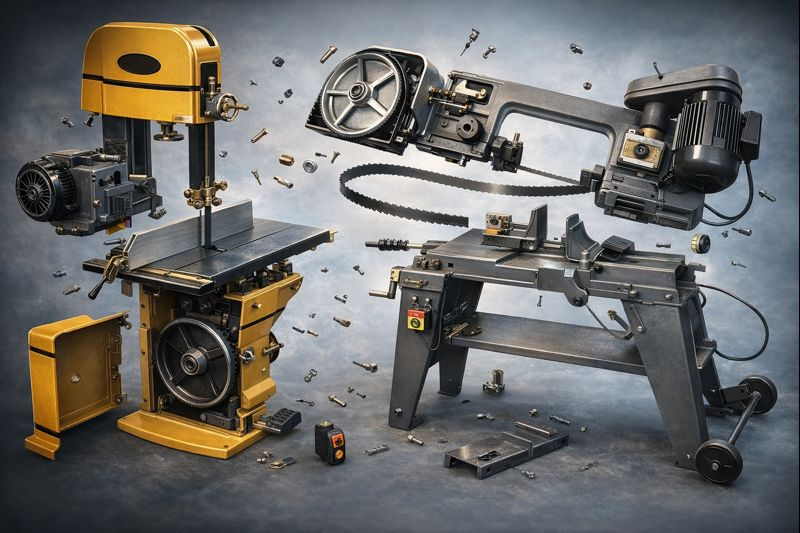 Szalagfűrész részeinek diagramja – hajtótárcsa, vezetők, asztal